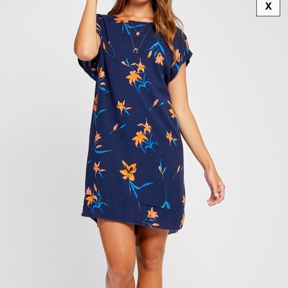 GENTLE FAWN | Robson Dress Small High Low Shift Navy Blue Orange Pink Rayon Midi - Picture 2 of 11